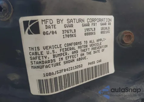 2004 Saturn Ion 2 from USA, damaged, VIN 1G8AJ52F04Z213252